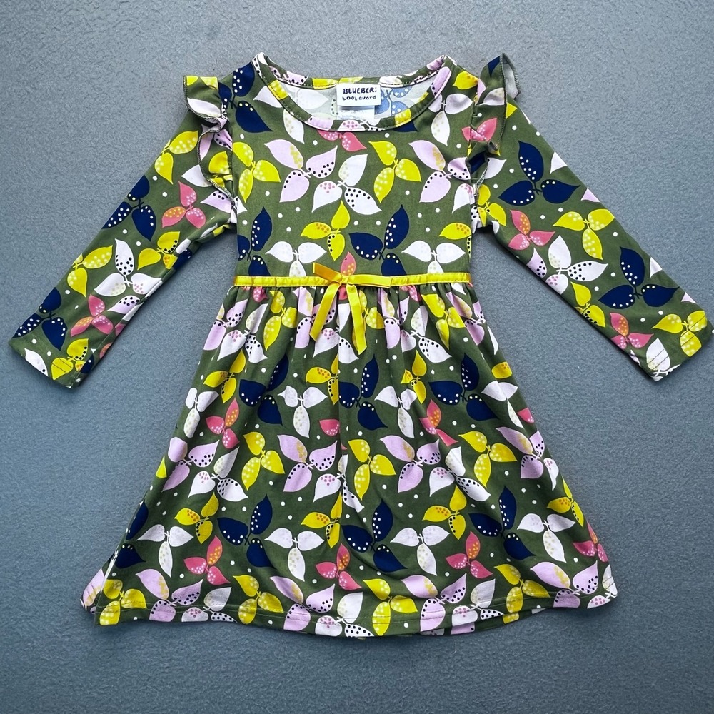 Blueberri Boulevard Girls 4T Olive Green Leaf Print Ruffle Long Sleeve Dress